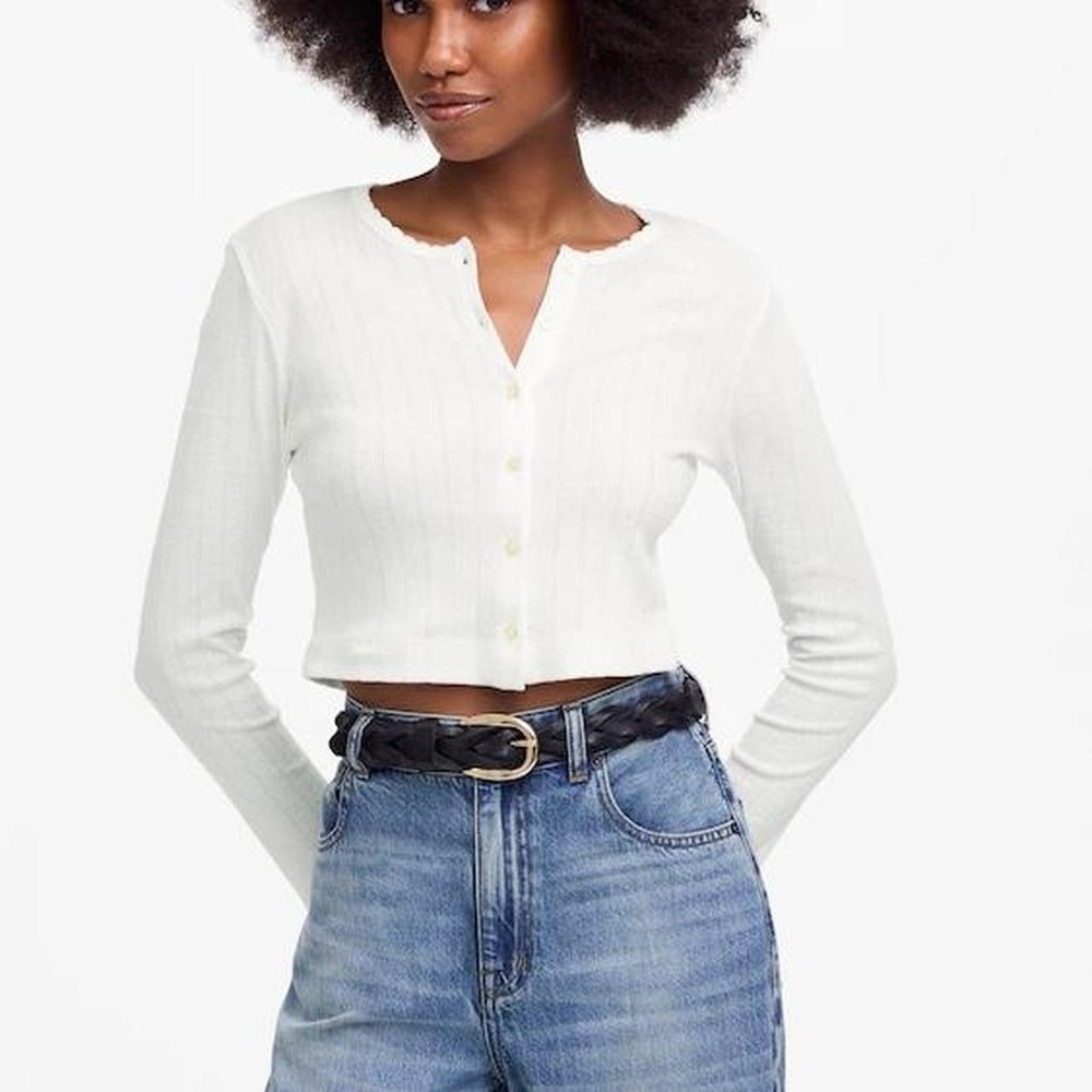 White Ribbed Button-Up Crop Top, Cropped Cardigan Long Sleeve Sweater Coquette